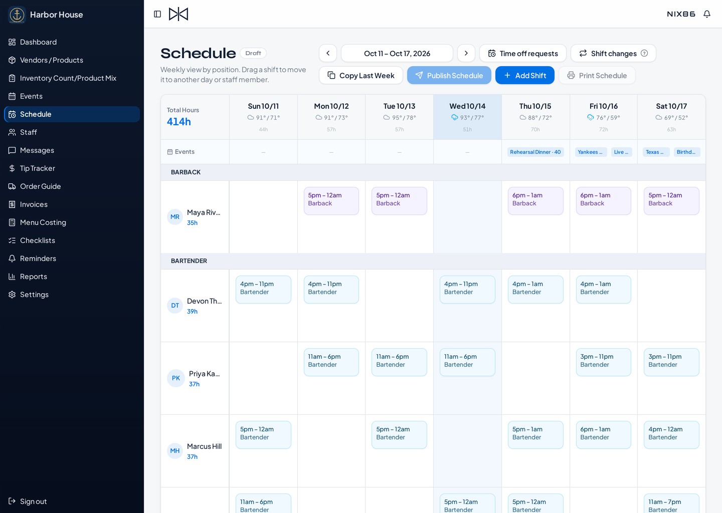 NIX86 weekly staff schedule for Harbor House with bartender and barback shifts, daily hours, and events